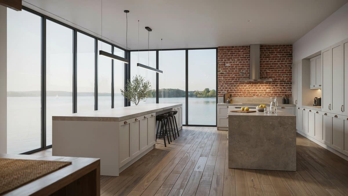 Two-island kitchen with brown stone tops, brick accent wall, and pendant lights