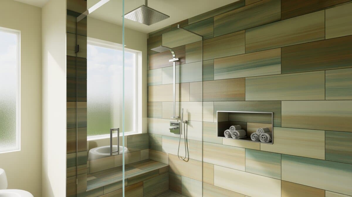 Walk-in rainfall shower with frameless glass door and green wood-look tile