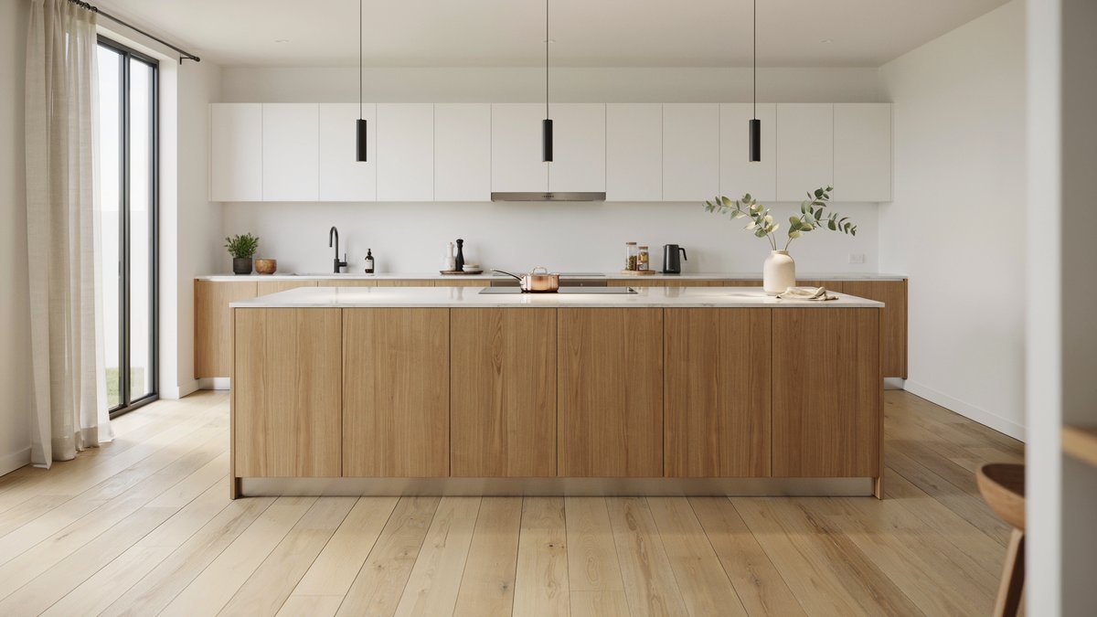 Minimalist kitchen with handleless white cabinets and stainless steel cabinet edges
