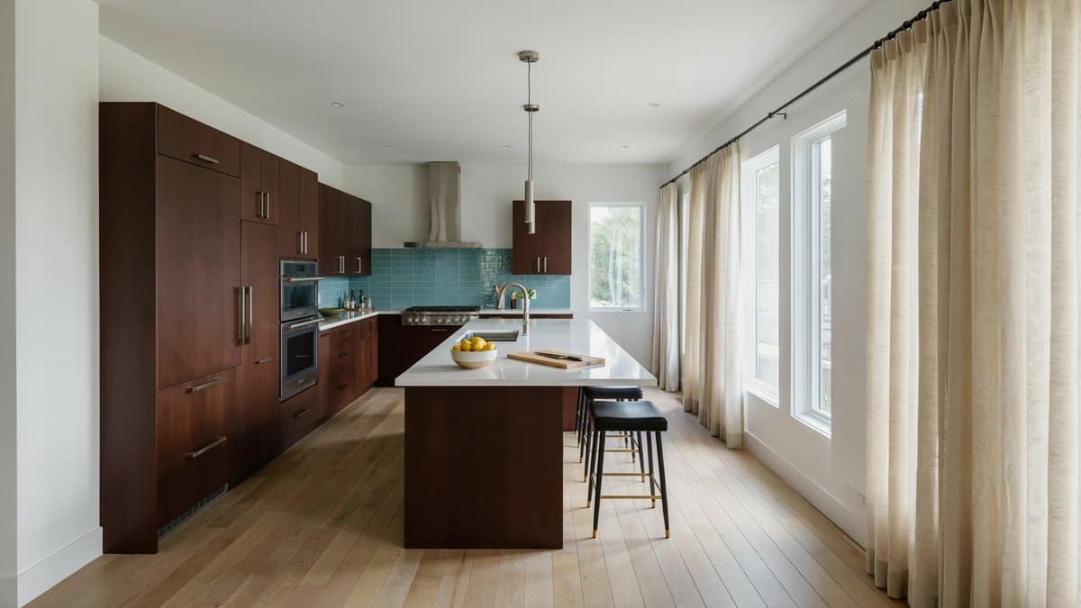 Dark mahogany kitchen with white counters and a turquoise glass backsplash