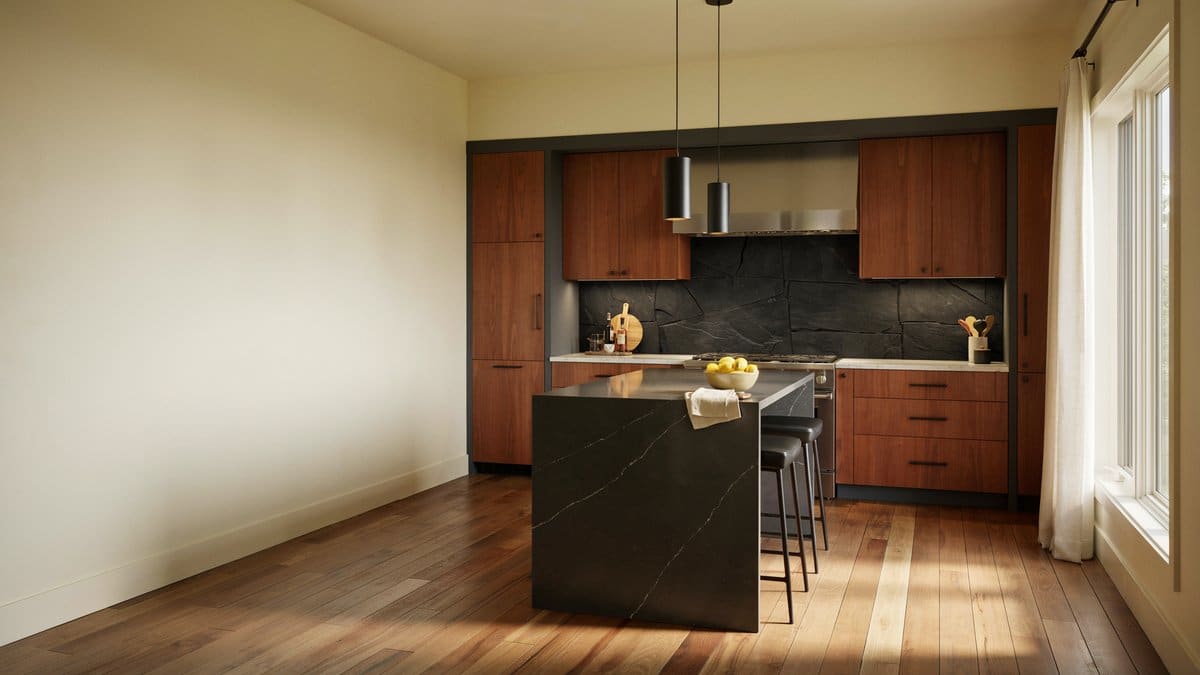 Cherry-door kitchen with charcoal quartz island, black slate backsplash, and yellow walls