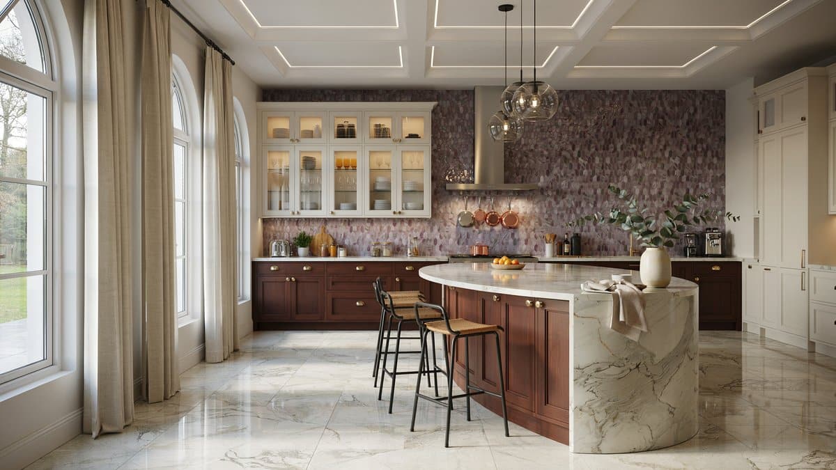 Curved-island kitchen with white and mahogany cabinets and purple mosaic backsplash