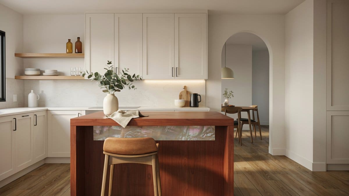 Off-white kitchen with a mahogany island and arched doorway entrance
