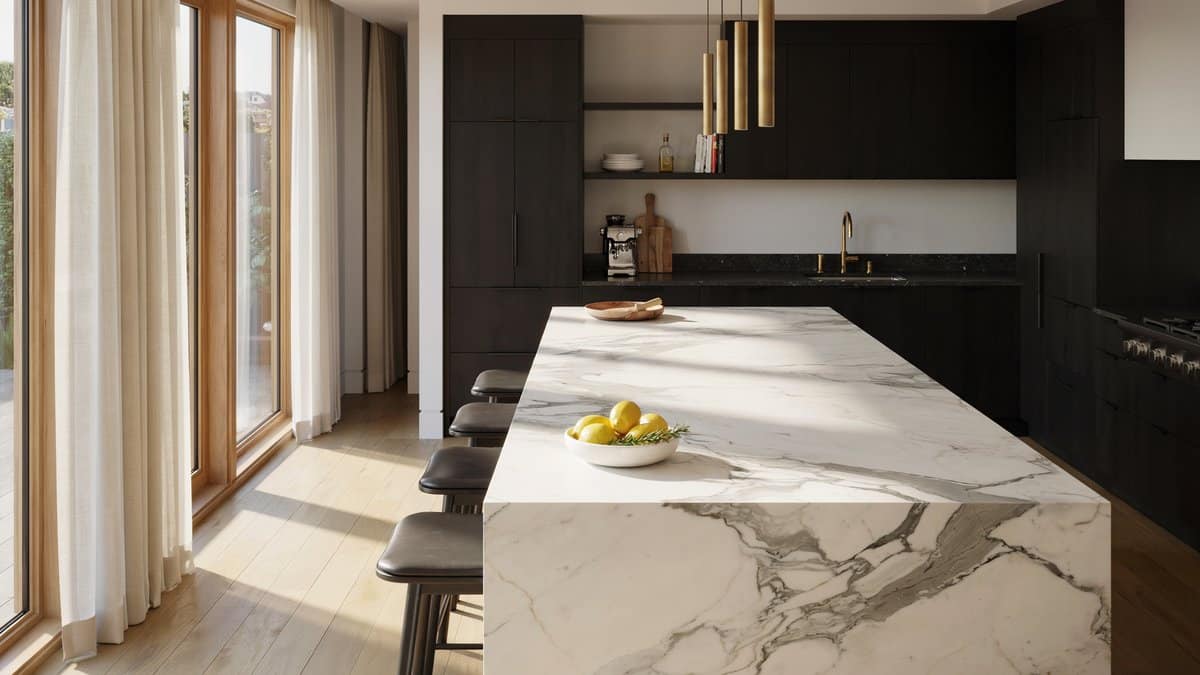 Bright kitchen with black sable wood cabinets and a Calacatta marble island
