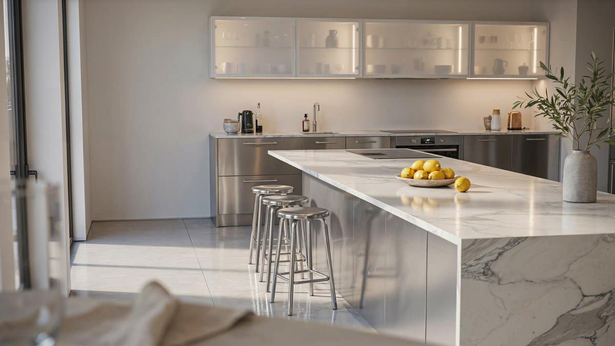 Sleek kitchen with stainless steel cabinets, white marble counters, and aluminum stools