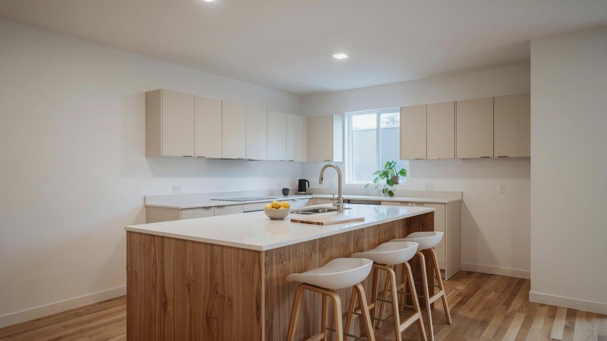 Contemporary kitchen with a hickory island, beige cabinets, and white bar stools