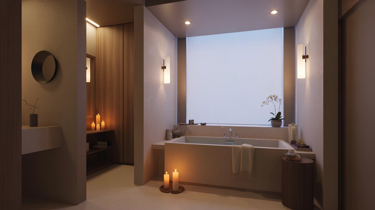 Freestanding soaking tub with warm sconce lighting and lit candles at dusk