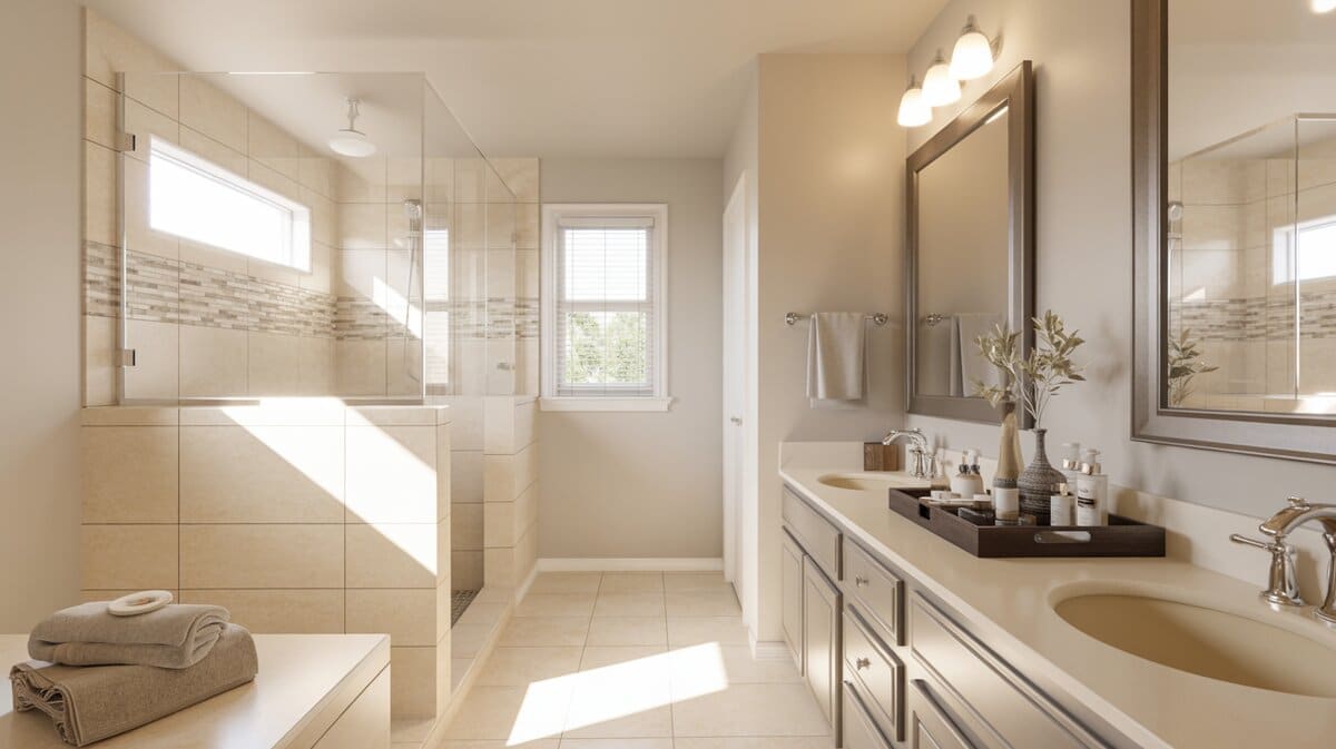 Bright cream-tiled master bathroom with walk-in shower and double vanity