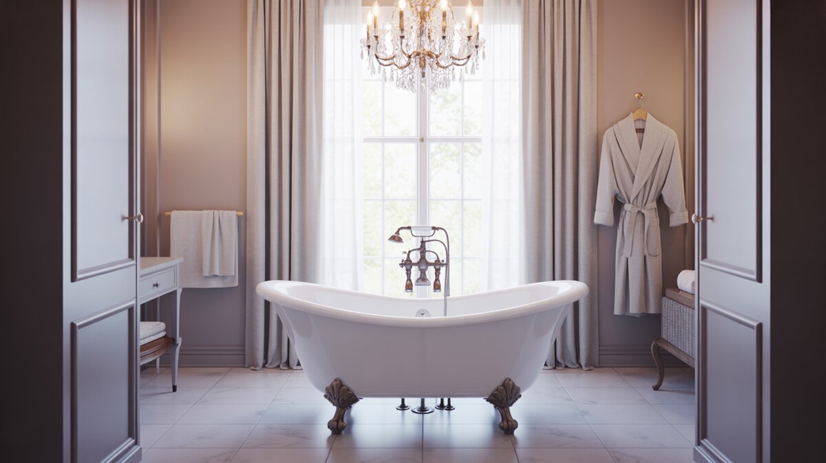 White clawfoot tub beneath a crystal chandelier with plush robe nearby