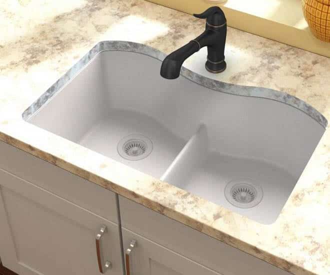 Kitchen with double basin sink with low divide