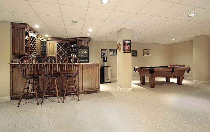 Basement game room and bar with epoxy flooring