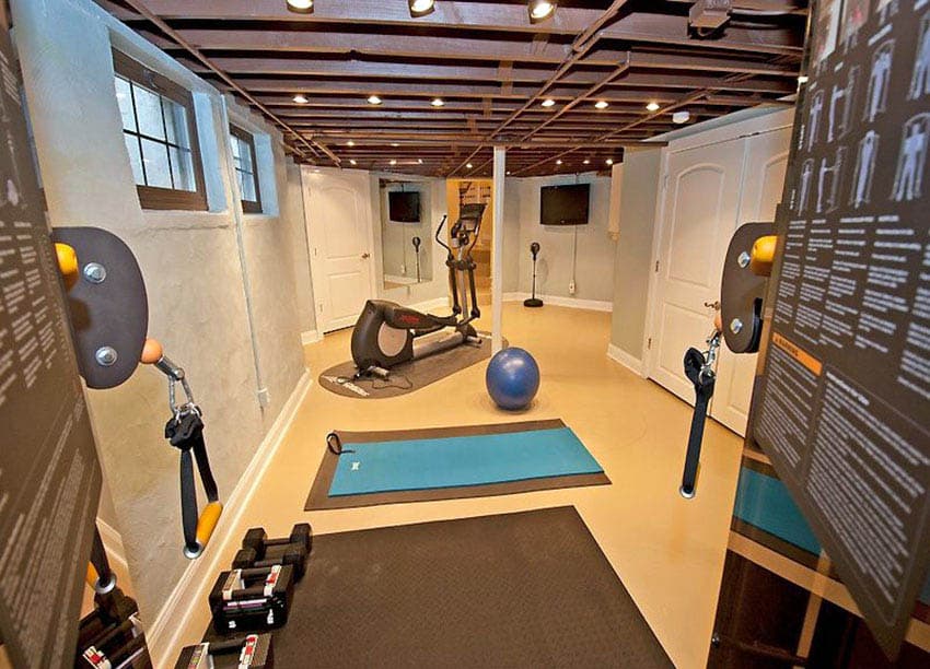 Basement home gym with rubber floor mats