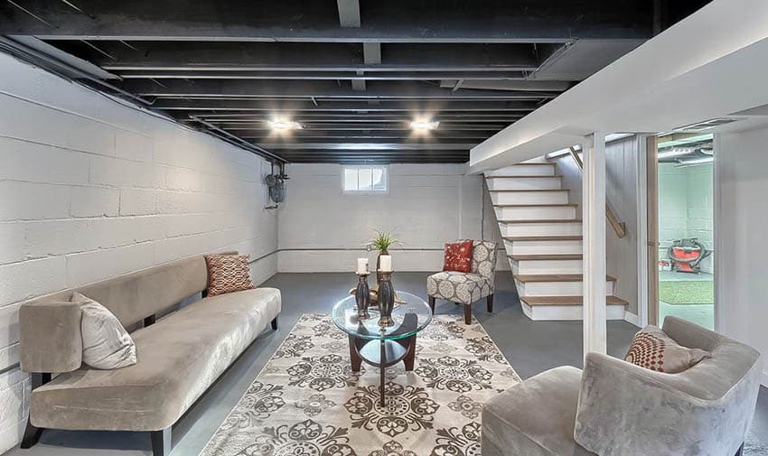 Basement with concrete flooring and walls