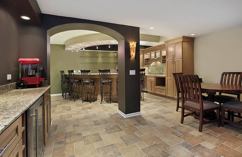 Basement with stone like linoleum flooring