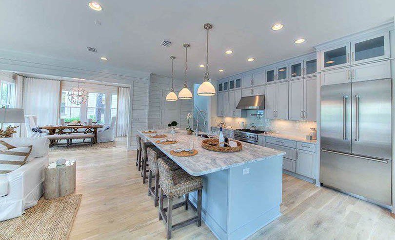 kitchen with coastal decor and horizontal shiplap