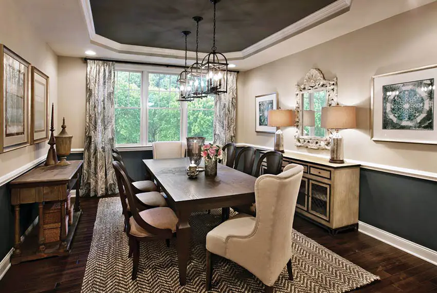 Dining room with black painted tray ceiling
