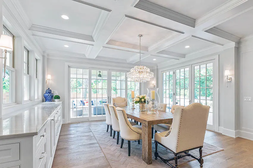 Formal traditional dining room with french doors and open layout 