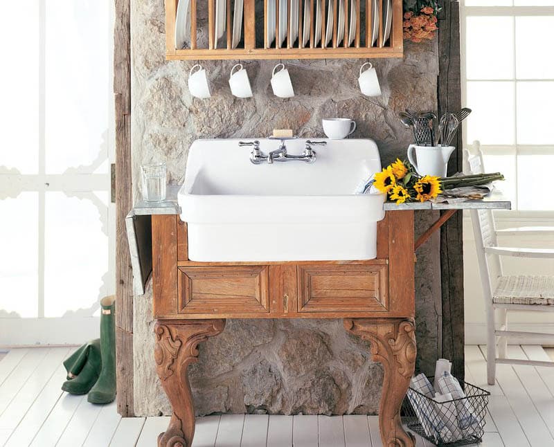Freestanding country kitchen sink with wood legs