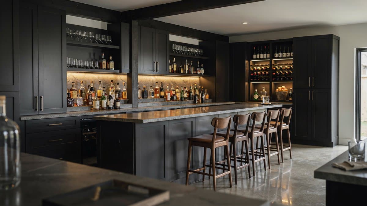 Black cabinet basement bar with slate counters and warm under cabinet lighting