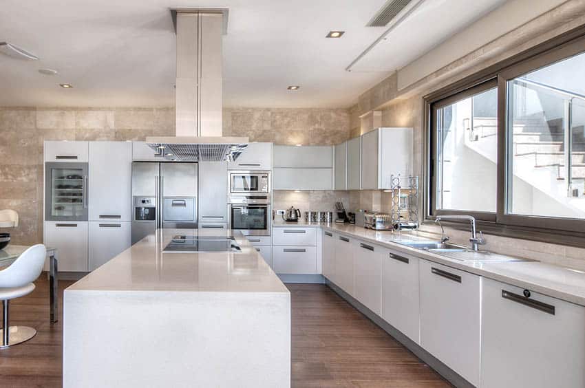 Large modern kitchen with top mount stainless steel sink and white acrylic cabinets