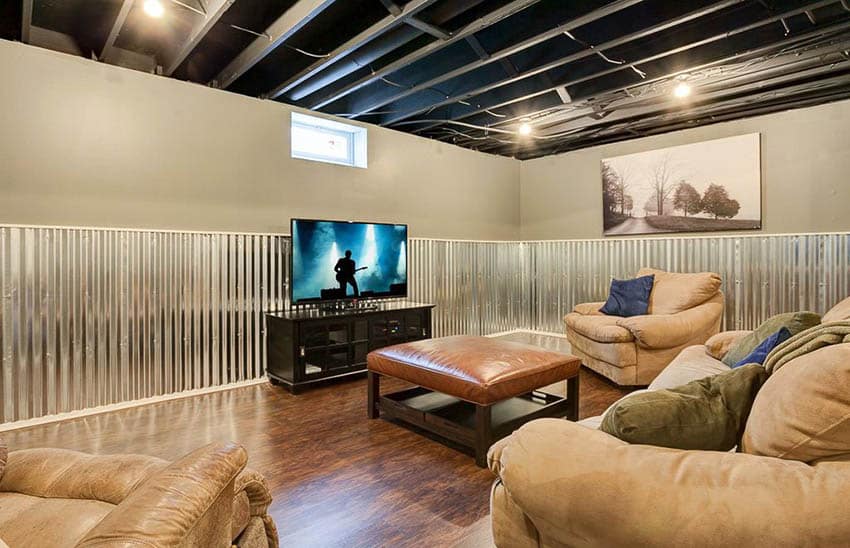 Lounge basement with hickory wood plank, vinyl flooring and corrugated steel wall panels