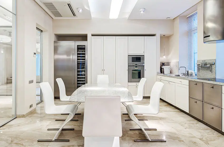 Modern european kitchen with white cabinets and stainless steel appliances