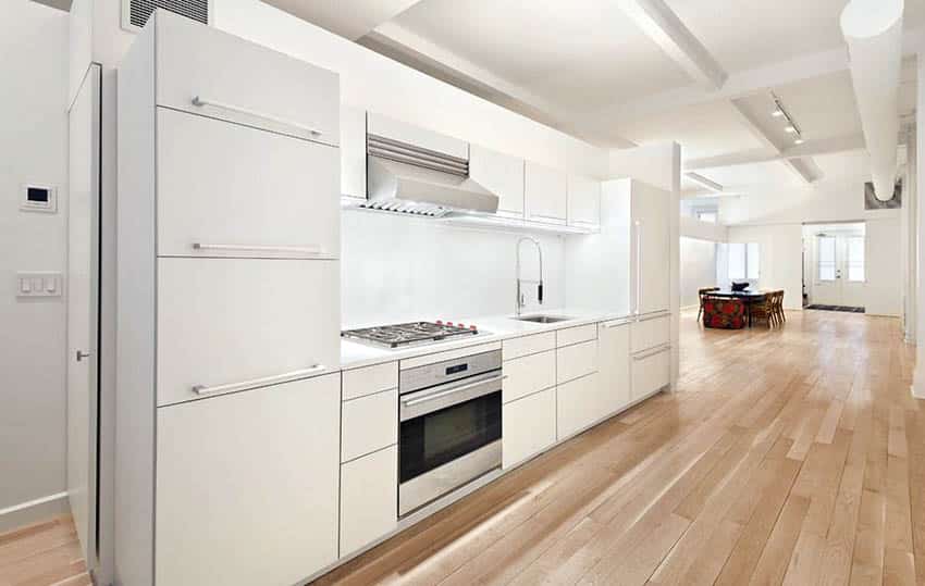 Kitchen with duco paint white cabinets and birch wood floors