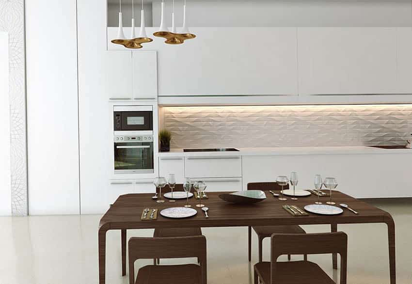 Modern kitchen with white cabinets 3d textured backsplash and polished concrete flooring