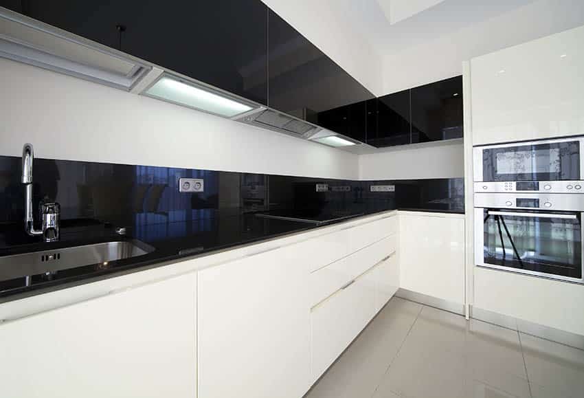 Modern kitchen with white lower cabinets black upper cabinets and black counters