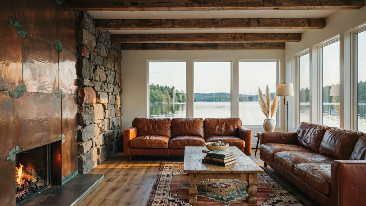 Lakeside living room with copper fireplace surround, stone wall and leather sofas
