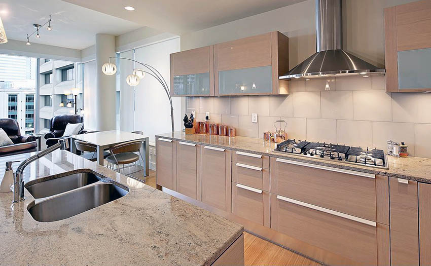 kitchen with island and open to dining space