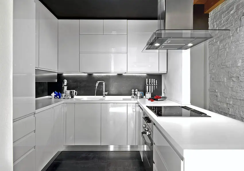 Small modern u shape kitchen with white cabinets