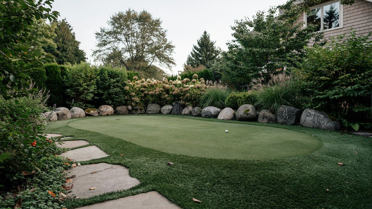 Secluded green circled by boulders shrubs and a stone stepping path