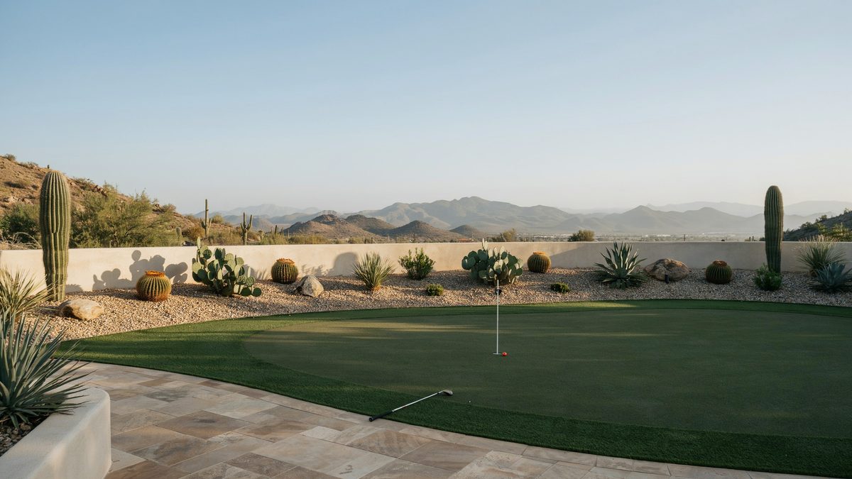 Desert green with saguaro cactus border and a distant mountain range beyond