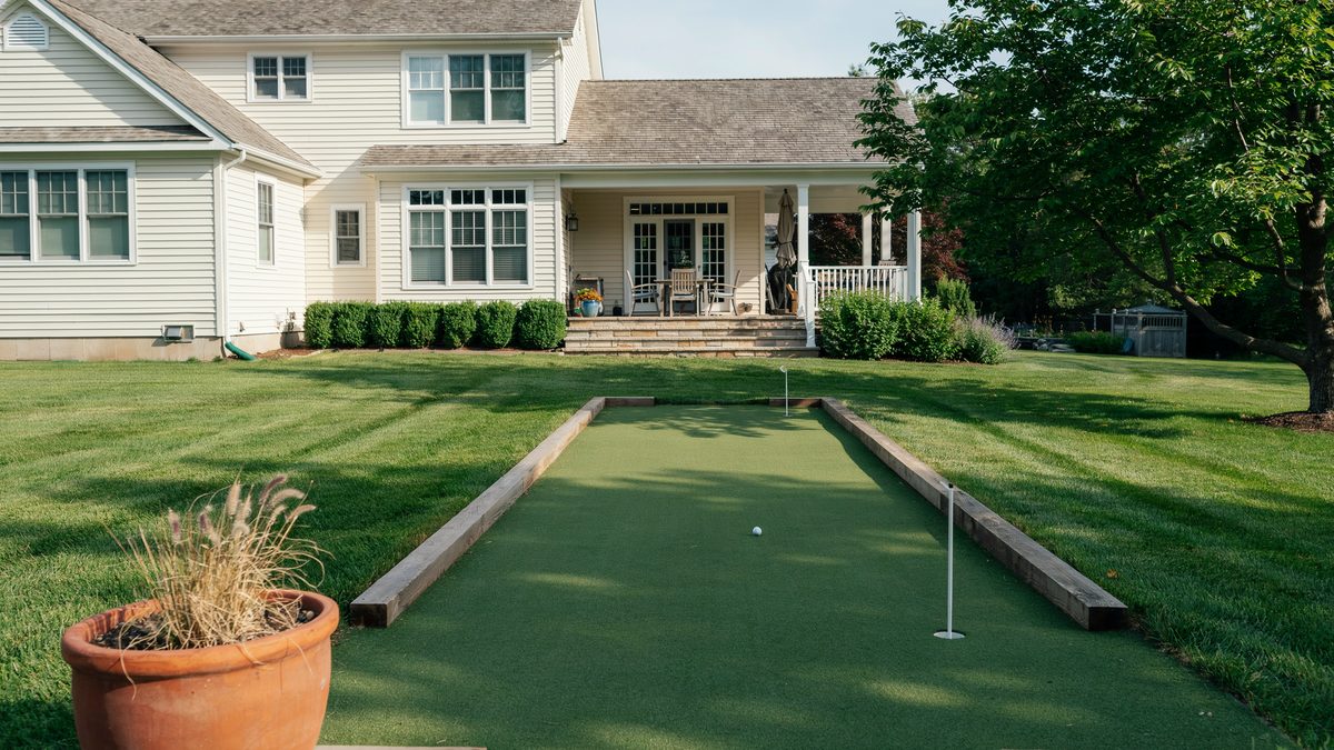 Timber edged practice lanes separating artificial turf from the real lawn