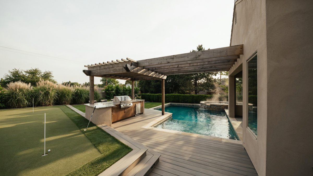 Wood pergola grill station and pool alongside a small practice turf strip