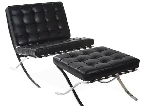 Black leather Barcelona chair and ottoman