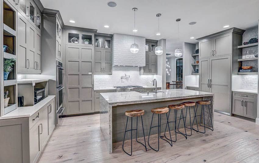 Gray Kitchen Cabinets Design Ideas Designing Idea   Contemporary Kitchen With Light Gray Cabinets Light Wood Floors And White Textured Backsplash 