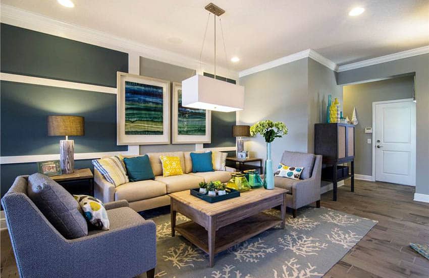 Contemporary living room with gray painted walls and green accent wall