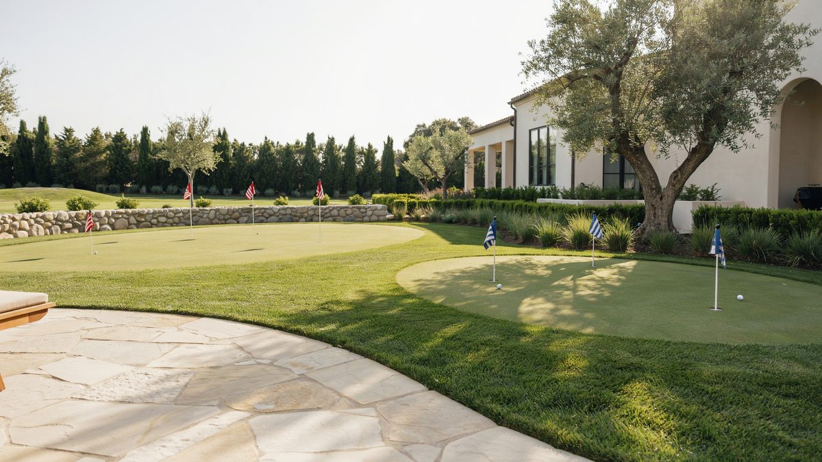 Two linked greens with red and blue flags under a spreading olive tree