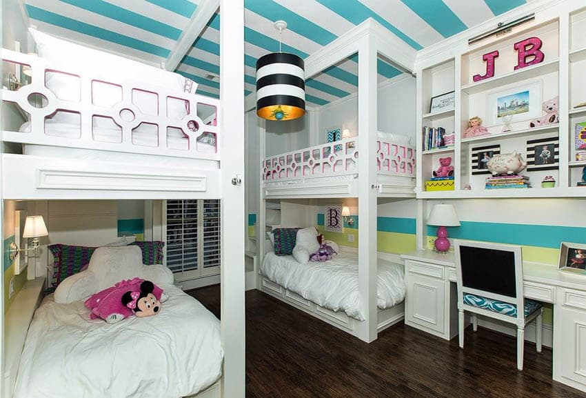 Kids bedroom with painted striped ceiling and walls and bunk beds