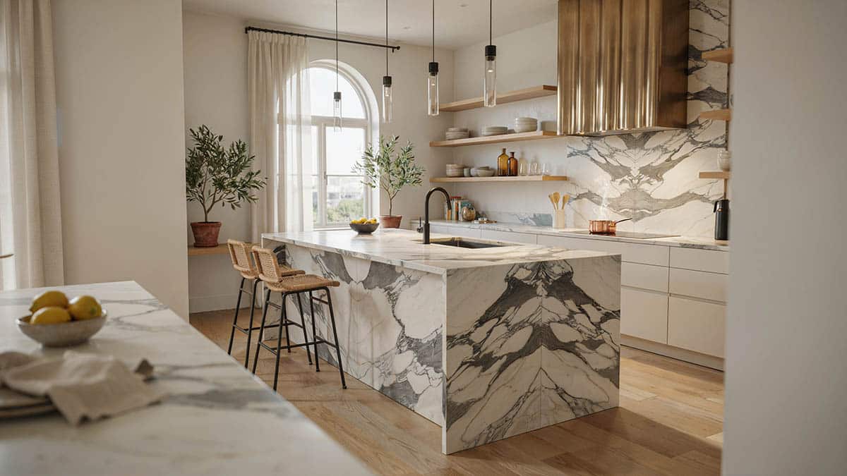 Kitchen with bookmatched marble island and cylinder pendants