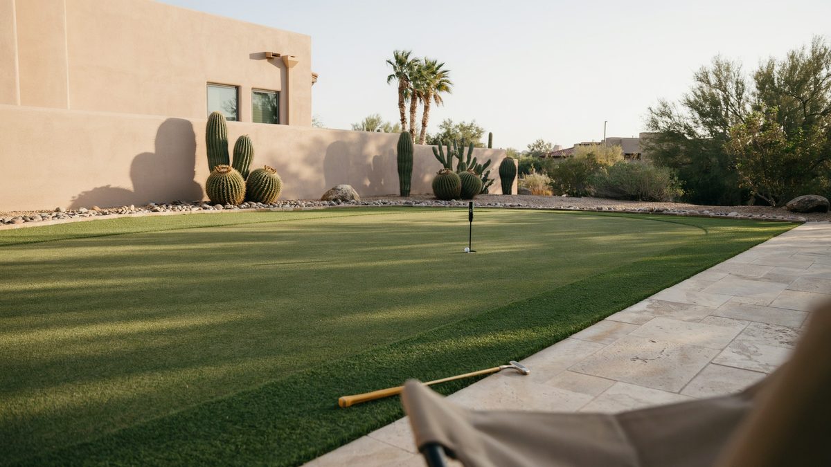 Arid yard green bordered by cacti palms and warm flagstone paving