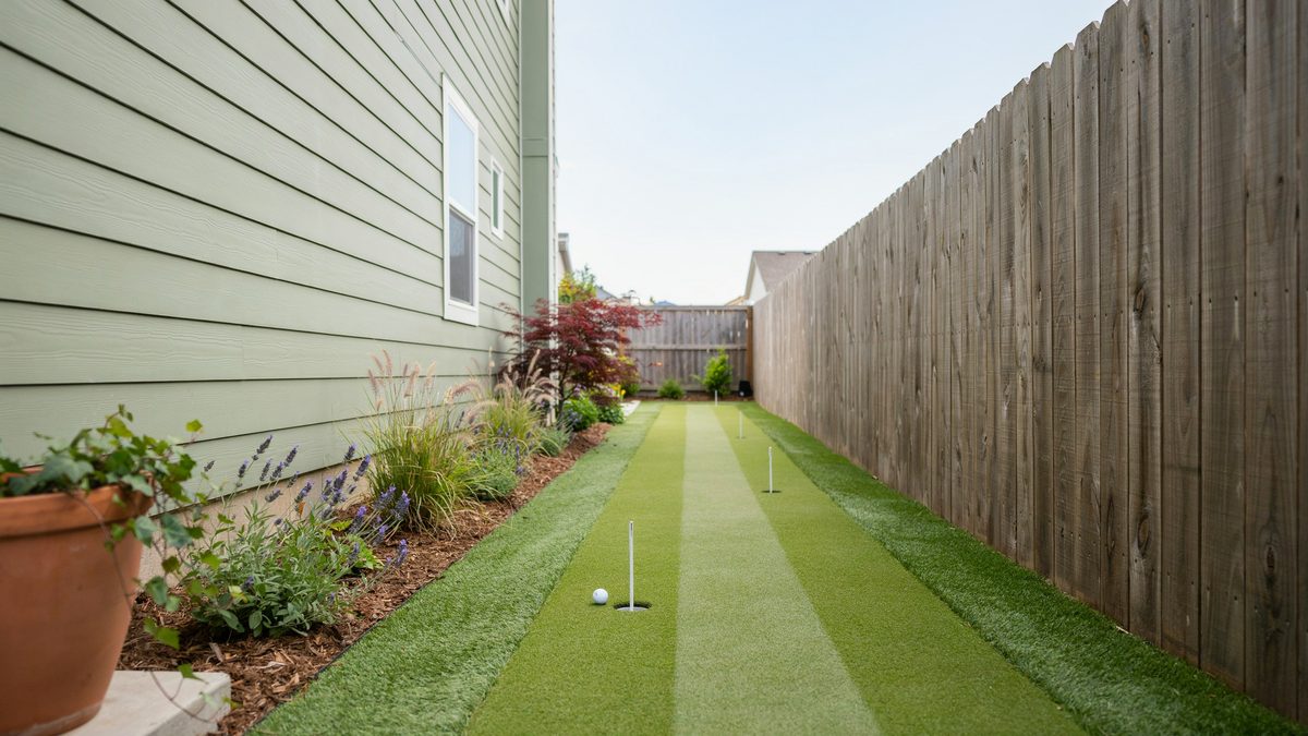 Long narrow turf lane running the side yard between fence and siding