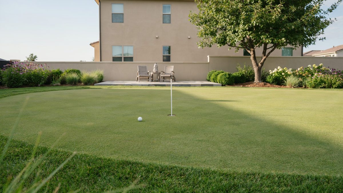 Mature shade tree throwing cover across one corner of a wide green