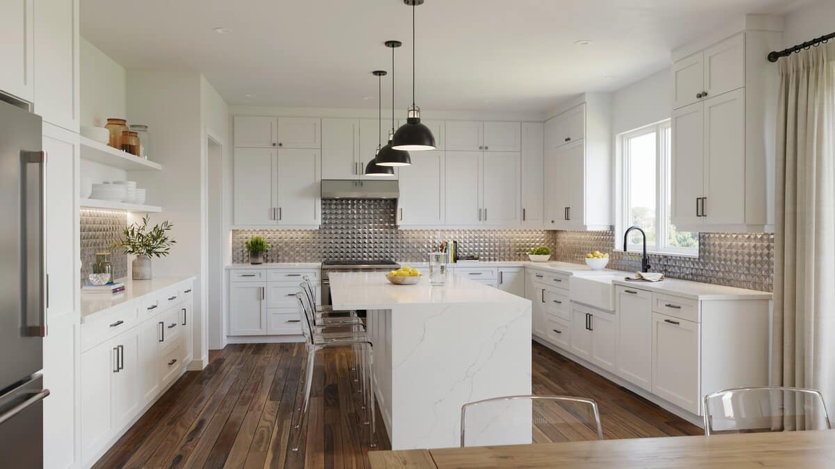 White shaker kitchen with mosaic metal backsplash and dark hardwood plank flooring