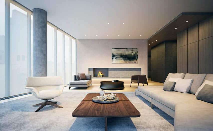 Modern living room with gray carpet gray furniture and fireplace
