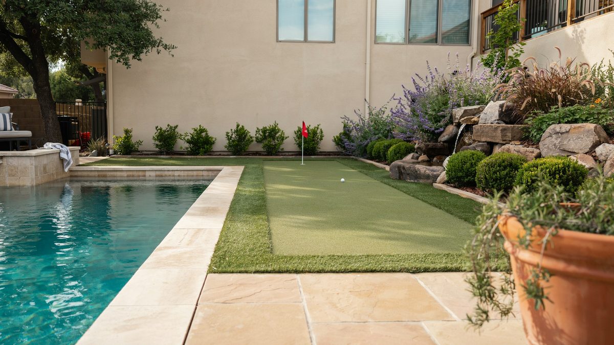 Narrow green tucked between a swimming pool and a boulder rock garden