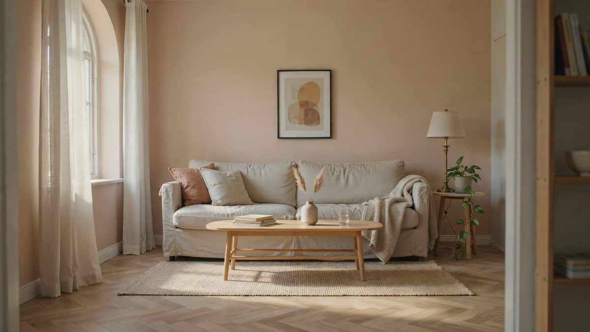 Pastel orange living room with cream sofa, arched window and wood coffee table
