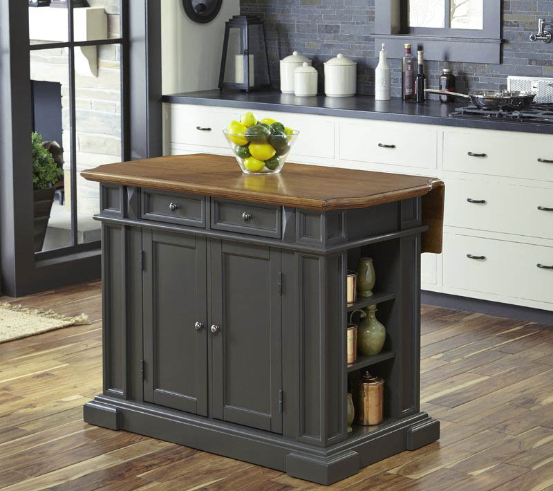 Portable gray kitchen island with wood countertop